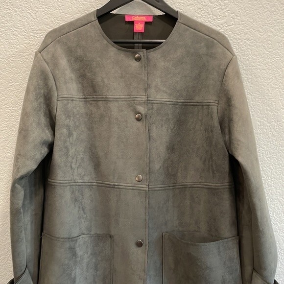 Catherine Malandrino Gray Faux Suede Leather Button Up Duster Jacket Size Medium - Picture 2 of 10
